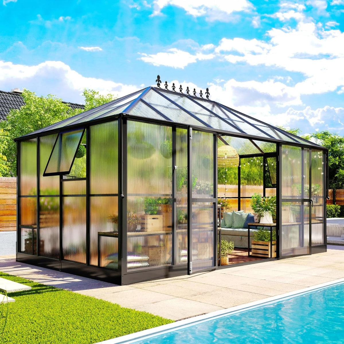10' x 14' Aluminum Greenhouse with Polycarbonate Panels and Double Swing Doors