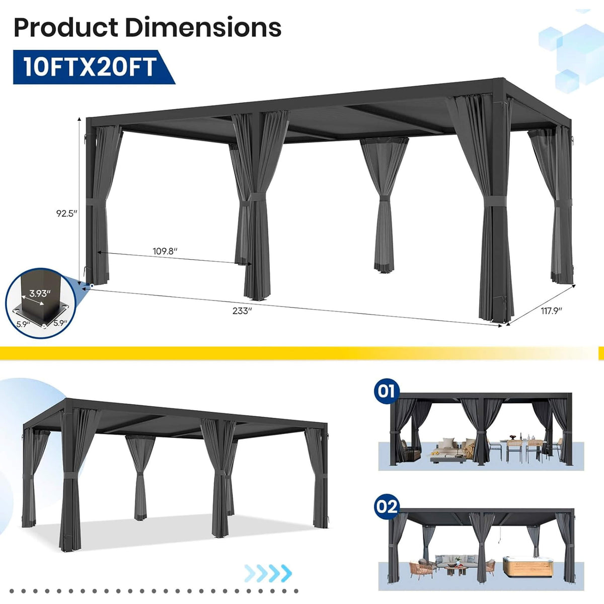 10' x 20' Louvered Pergola with Curtains and Mosquito Netting