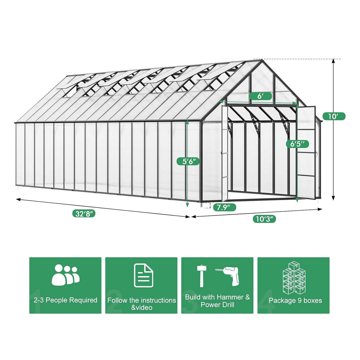 10' x 32' Aluminum Greenhouse with 4mm Polycarbonate Panels