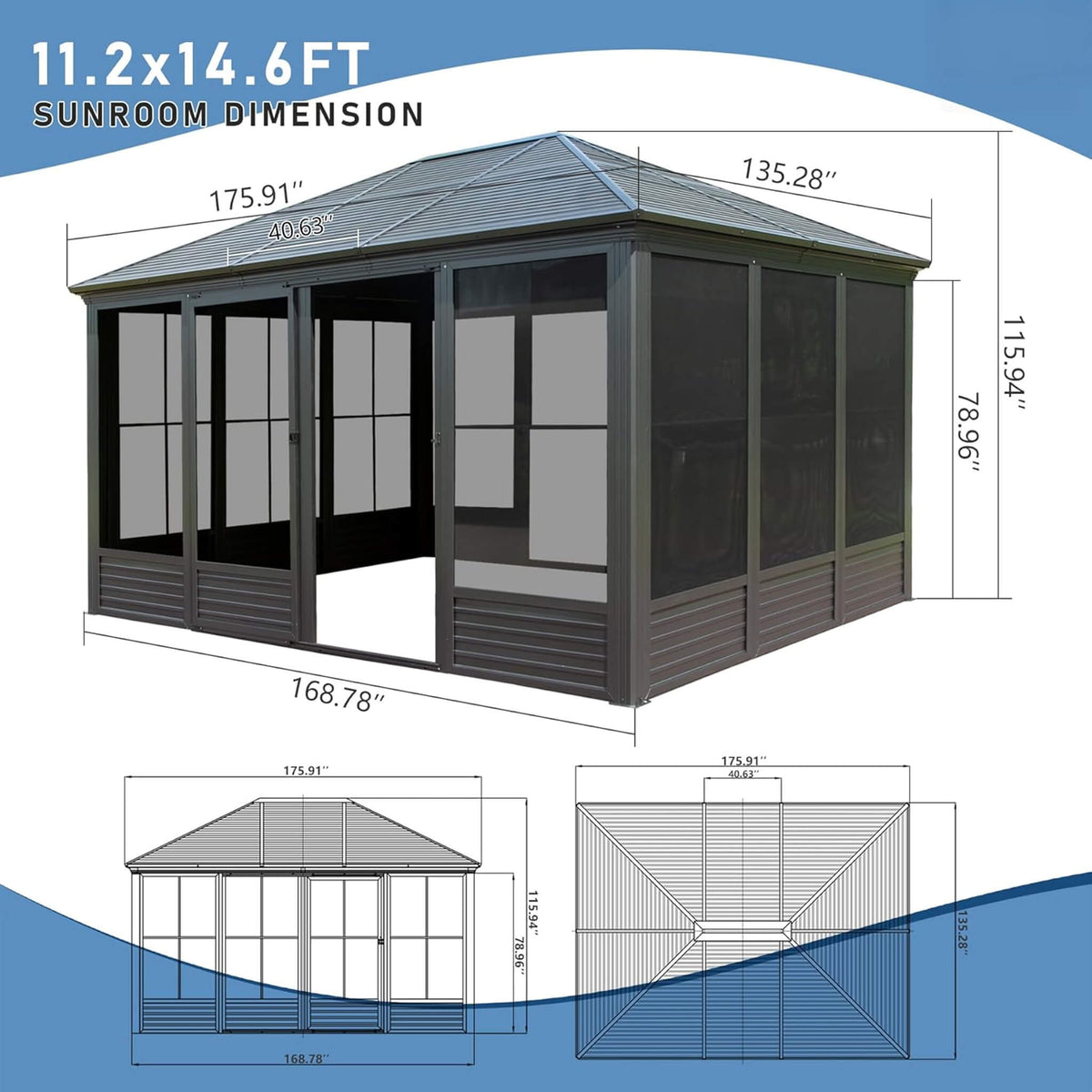 Meridian 11×14 ft Four-Season Aluminum Sunroom with Hardtop Roof and Sliding Doors