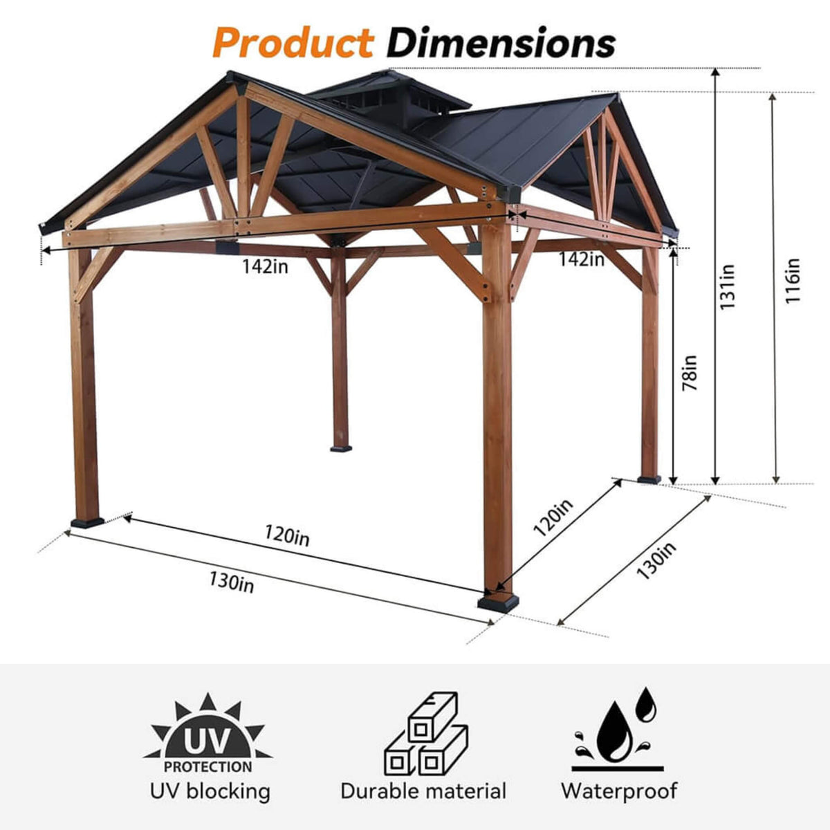 12' x 12' Cedar Wood Gazebo with Galvanized Steel Hardtop Roof