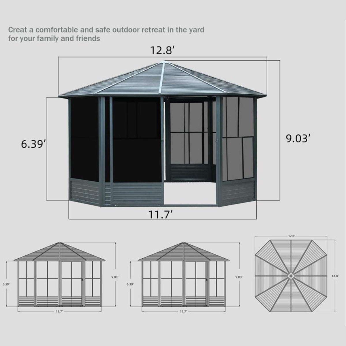 12' x 12' Octagonal Solarium with Sloped Galvanized Steel Roof and Lockable Sliding Doors