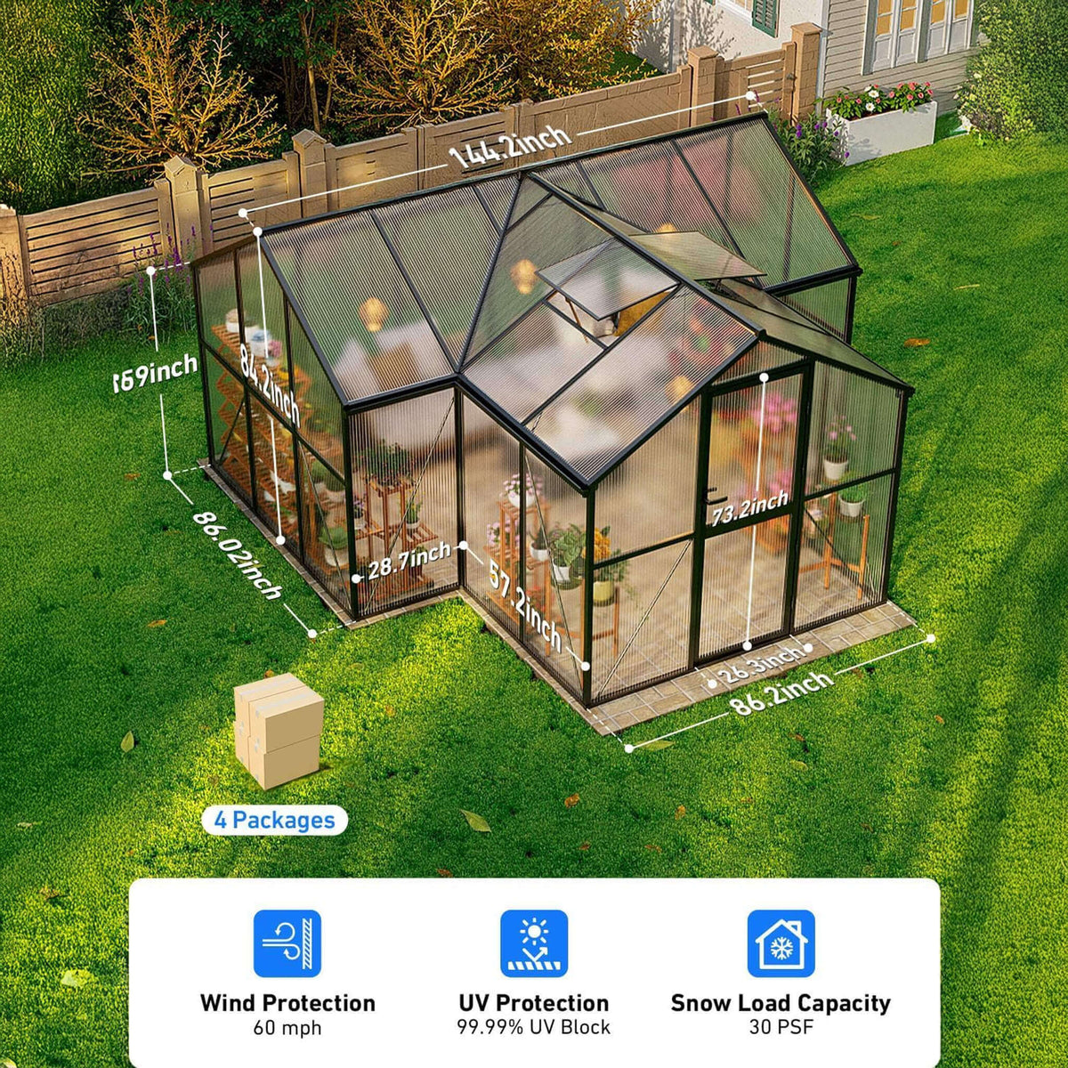Solarium T-Shape Polycarbonate Greenhouse 12X12ft With UV Protection
