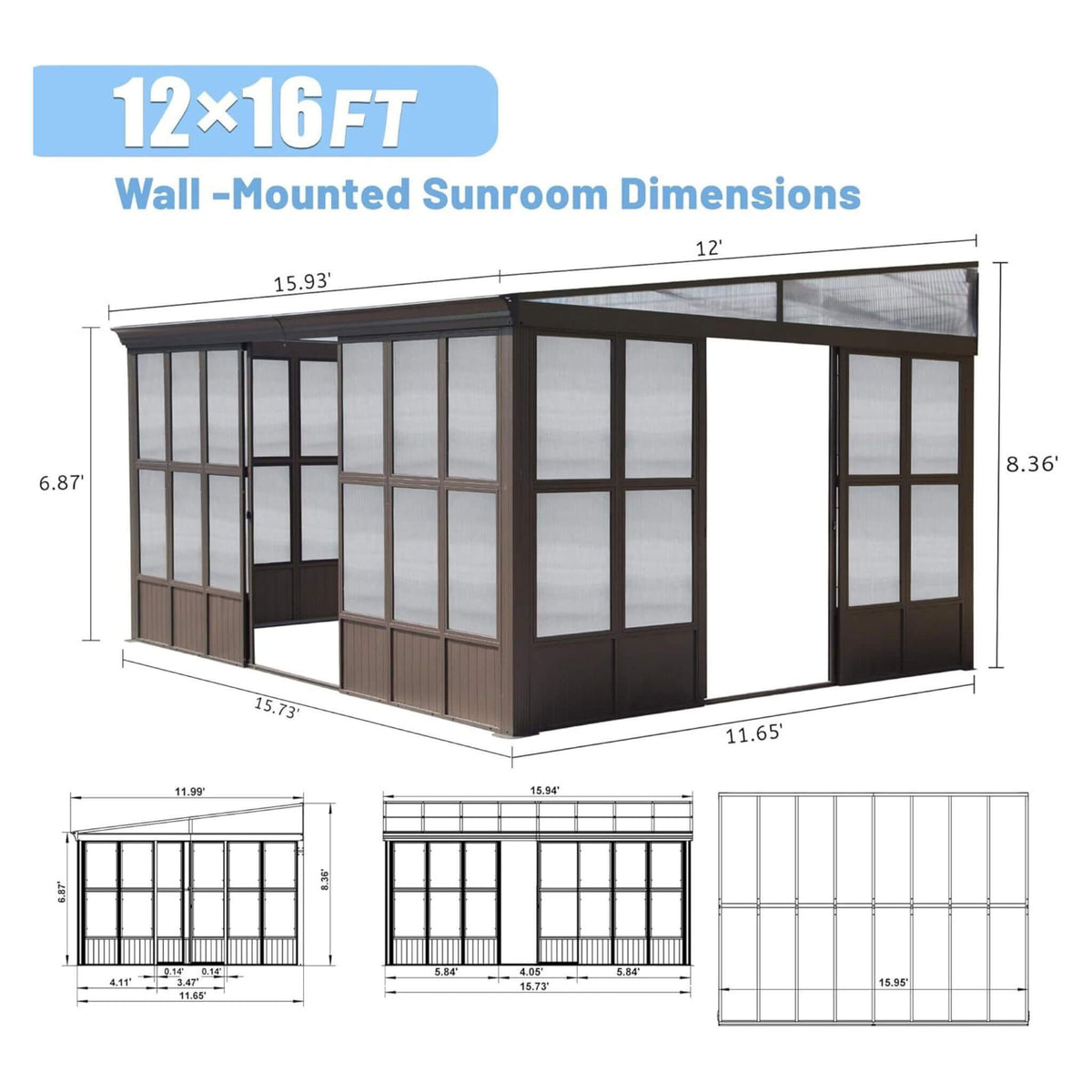 12' x 16' Wall-Mounted Outdoor Solarium with Removable Polycarbonate Windows