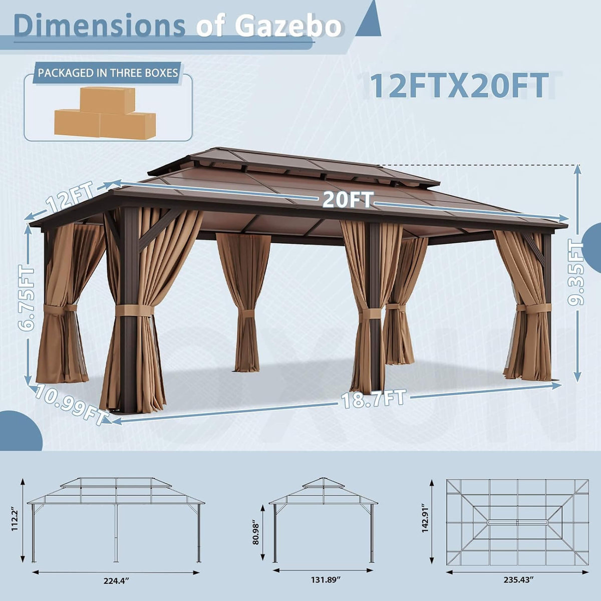 12' x 20' Premium Aluminum Gazebo with Polycarbonate Hardtop, Curtains, and Mosquito Netting