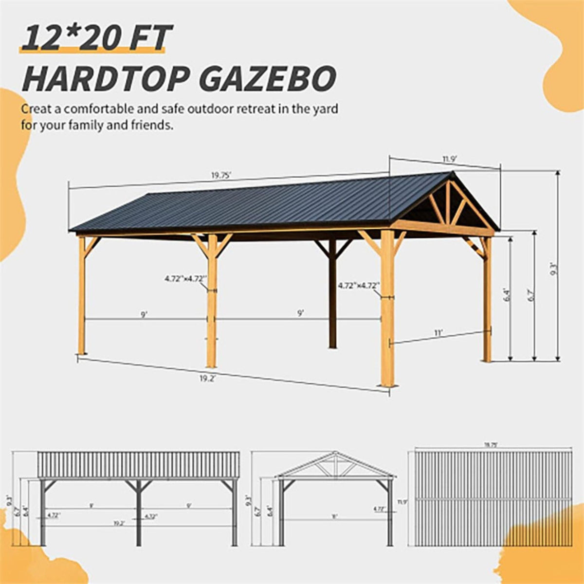 12×20 ft Premium Galvanized Steel Hardtop Gazebo with Double-Layer Roof