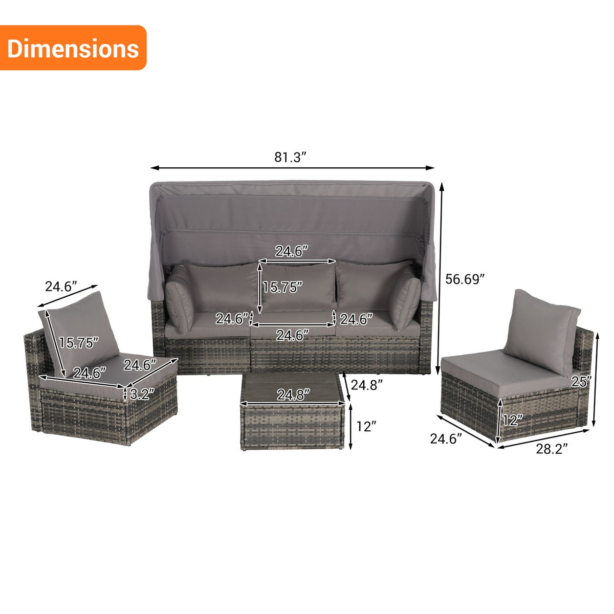 5-Piece Outdoor Patio Wicker Daybed Furniture Set With Retractable Canopy (SAK37816)
