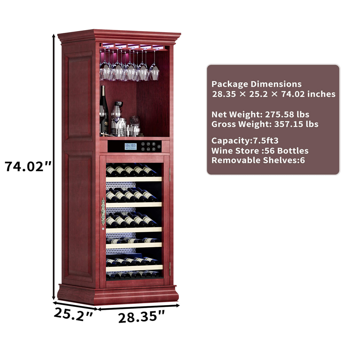 56-Bottle Wooden Wine Cooler Cabinet with Single-Zone Temperature and Humidity Controls