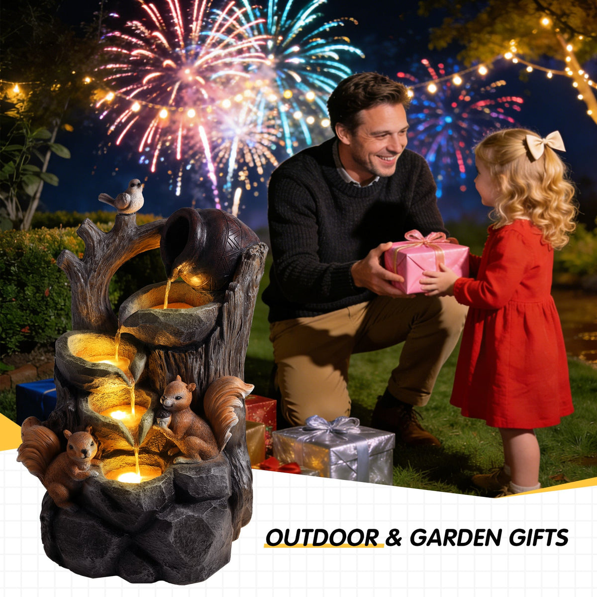 Resin Squirrel Tree Stump Outdoor Fountain 30 Inch LED