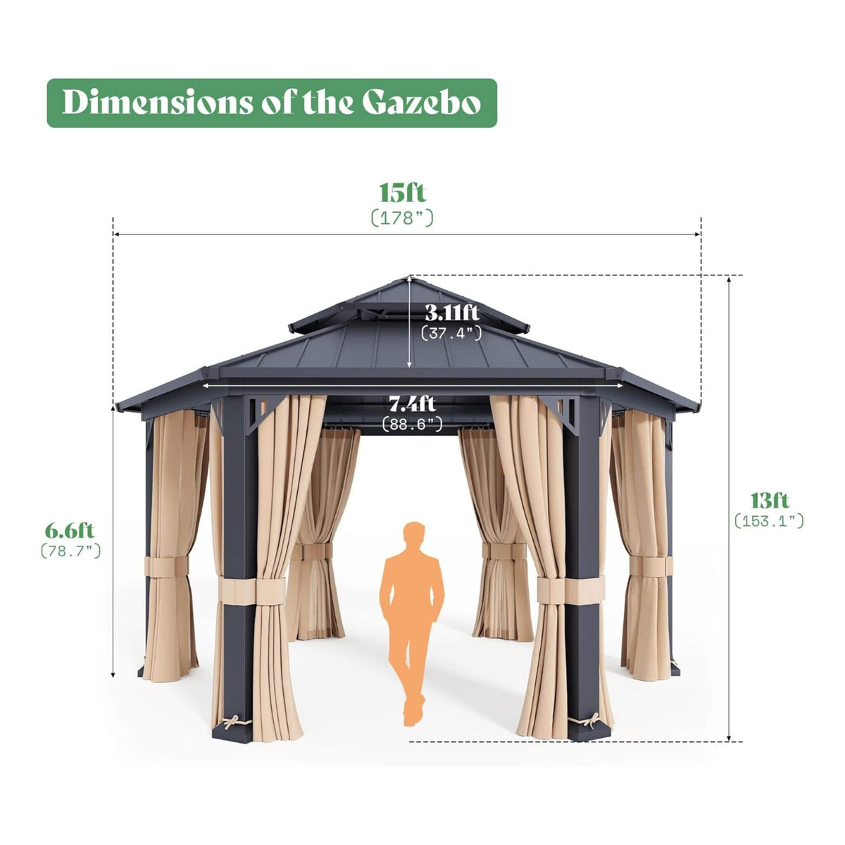 13×15 ft Hexagonal Metal Hardtop Gazebo with Double-Tier Roof and Curtains