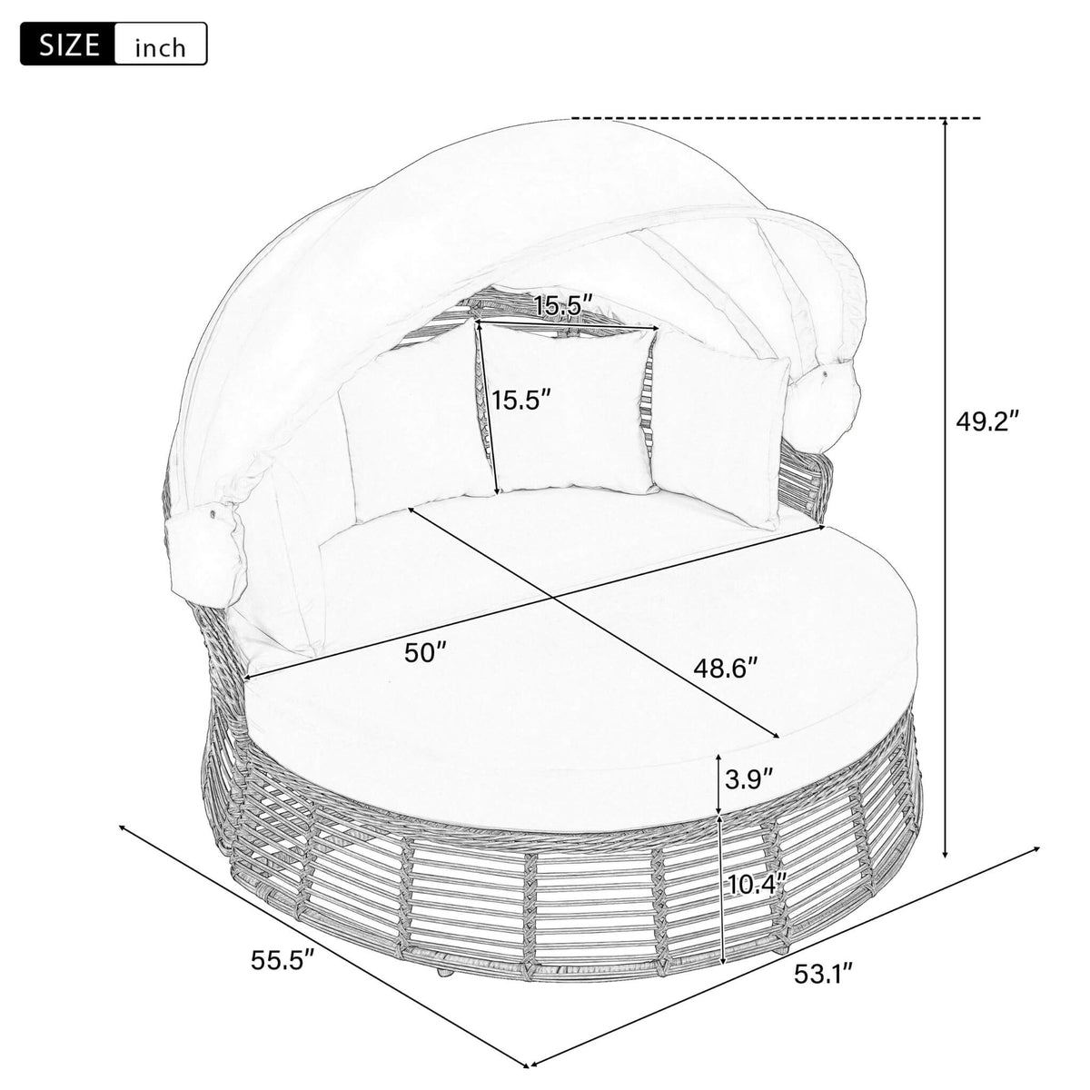 53-Inch Outdoor Patio Rattan Round Wicker Daybed With Retractable Canopy (SAK69241)