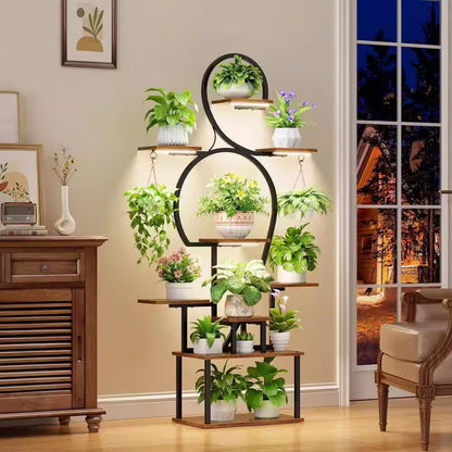 63 In. H Walnut S-Shaped MDF Indoor Plant Stand with 4 Grow Lights 9-Tiered Tall Plant Shelf 10-Level Stepless Dimming