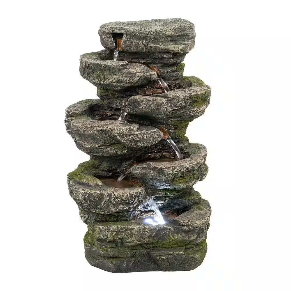 14 In. Indoor Outdoor Rock Waterfall Fountain Polyresin Water Feature with Light