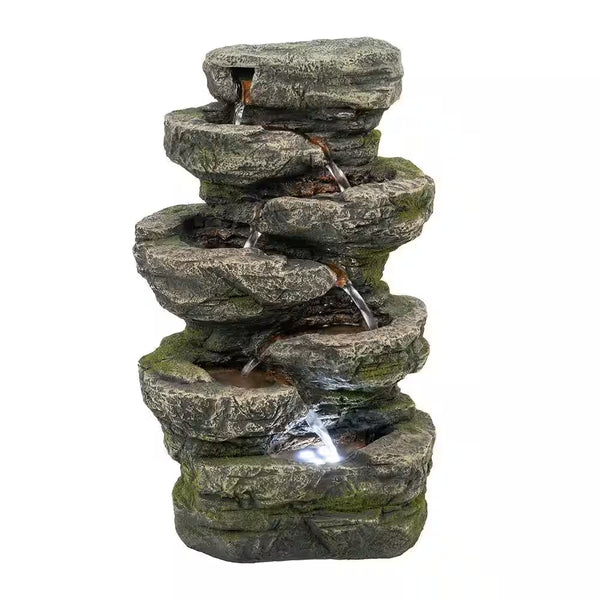 14 In. Indoor Outdoor Rock Waterfall Fountain Polyresin Water Feature with Light