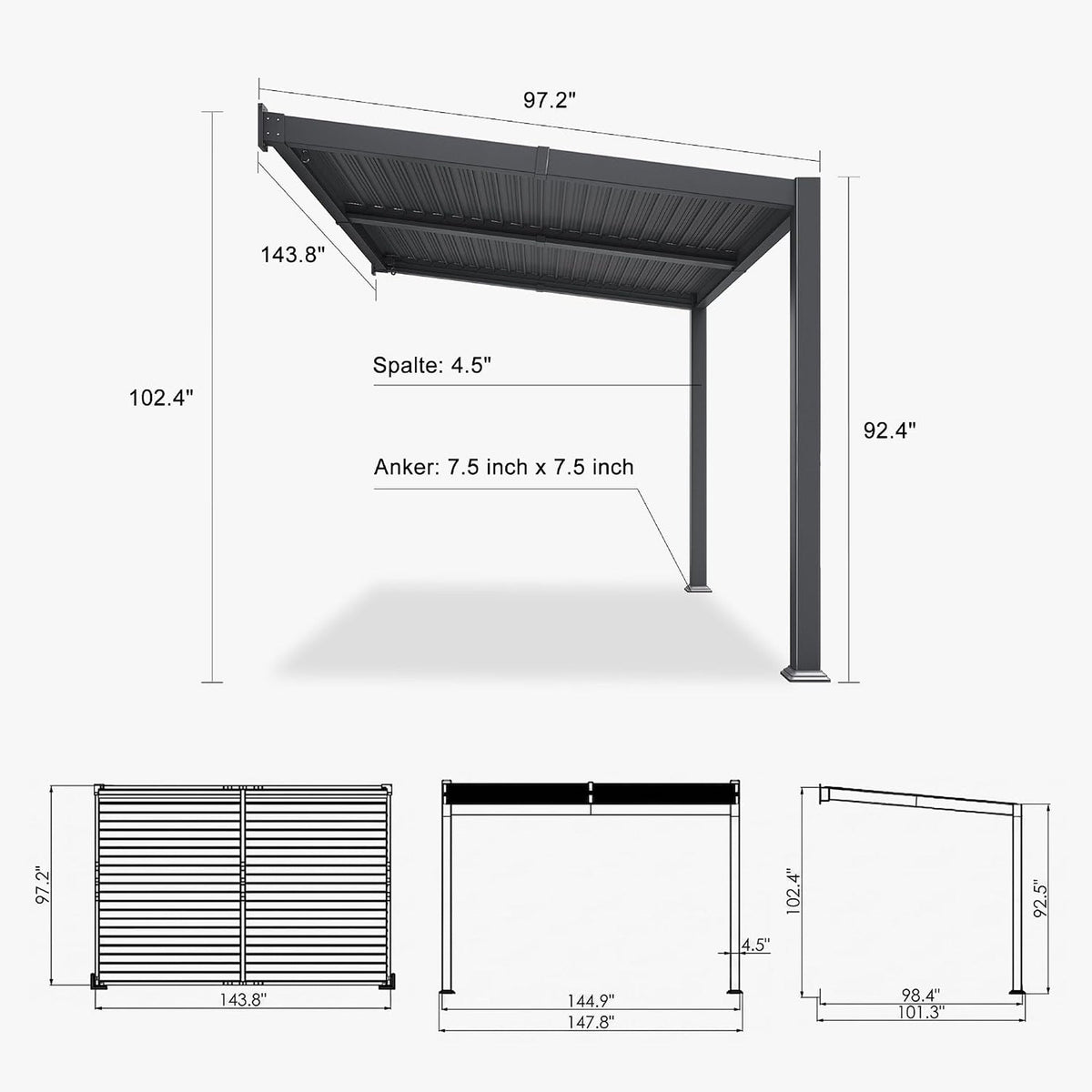 [08X12FT] Modern Wall-Mounted Louvered Pergola With Aluminum Frame (SAK25902)