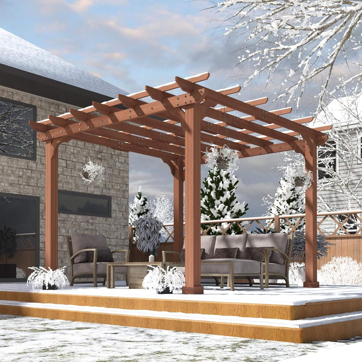 Outdoor Cedar Wood Patio Pergola With Slatted Trellis Roof (SAK92150)