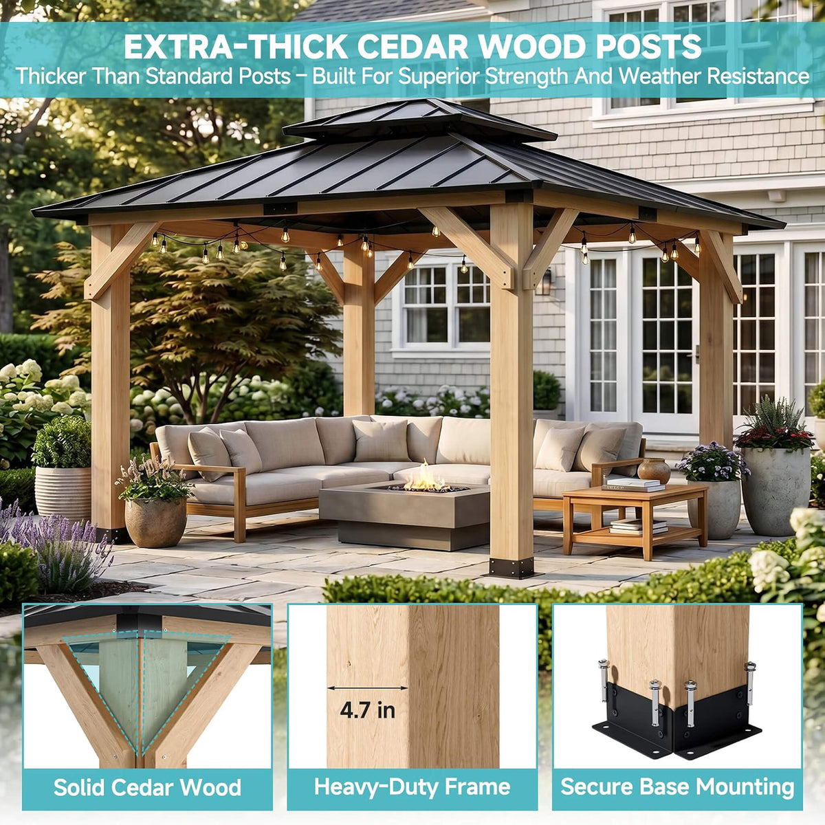 [10X10FT] Permanent Galvanized Steel Double Roof Cedar Wood Gazebo (SAK73842)