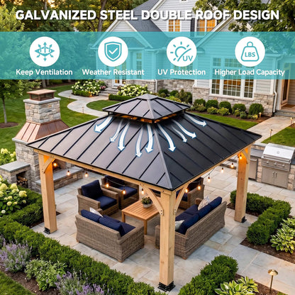 [10X10FT] Permanent Galvanized Steel Double Roof Cedar Wood Gazebo (SAK73842)