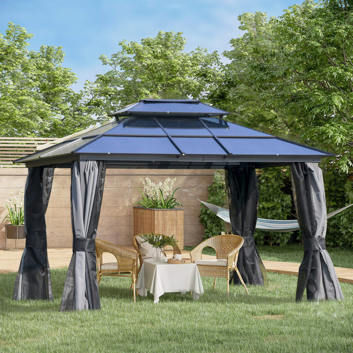 [10X12FT] Hardtop Gazebo Canopy With Polycarbonate Double Roof, Netting, And Curtains (SAK15672)