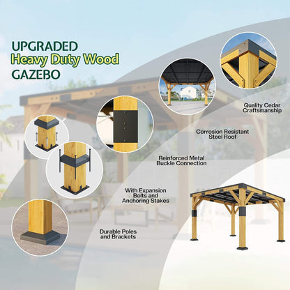 [10X12FT] Heavy-Duty Sloped Galvanized Steel Roof Cedar Wood Gazebo (SAK64831)