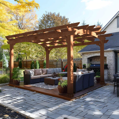 [10X12FT] Premium Outdoor All-Season Backyard Patio Cedar Wood Gazebo Pergola With Arched Roof (SAK42915)
