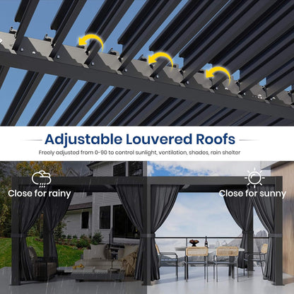 [10X20FT] Premium Louvered Pergola With Curtains And Netting (SAK67041)