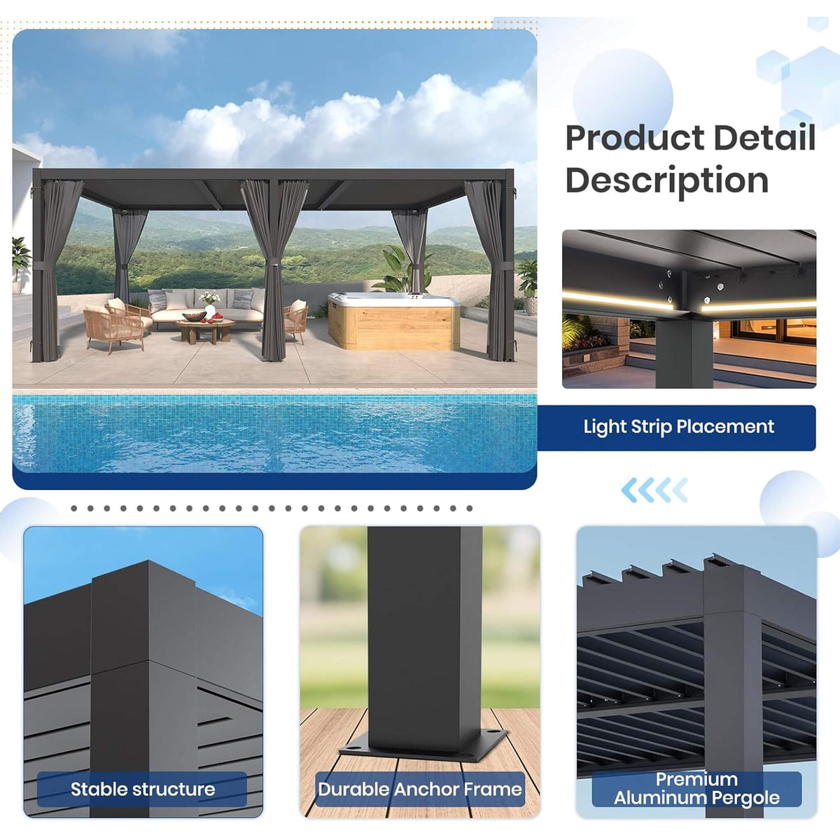 [10X20FT] Premium Louvered Pergola With Curtains And Netting (SAK67041)
