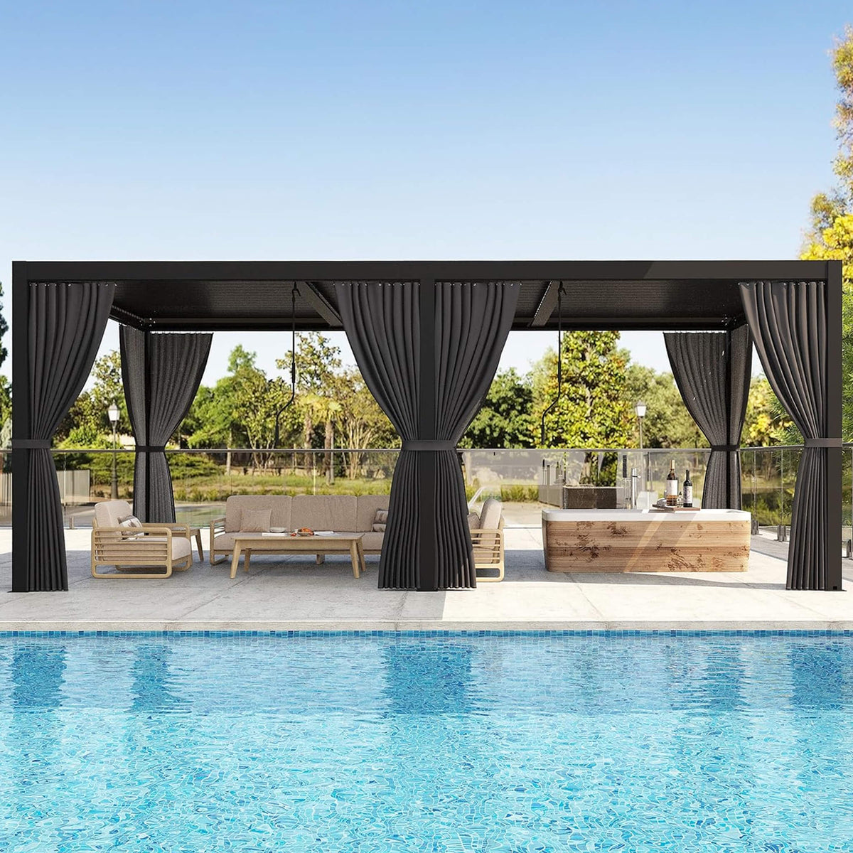 [10X20FT] Premium Louvered Pergola With Curtains And Netting (SAK67041)
