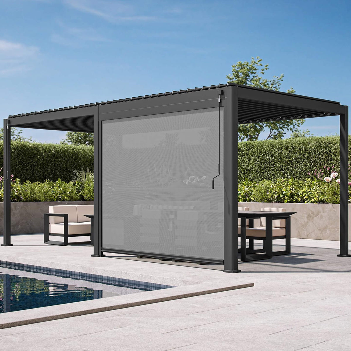 [10X20FT] Modern Outdoor Adjustable Charcoal Louvered Pergola With Screens And Built-In Drainage (SAK64973)