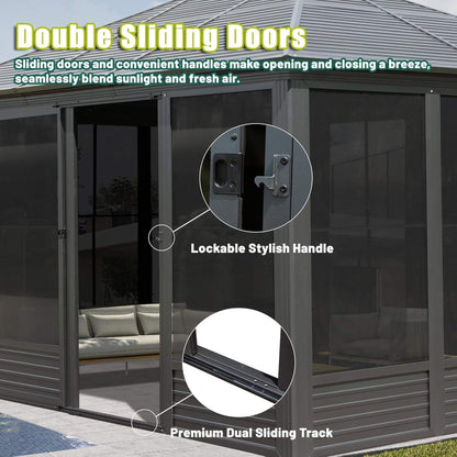 [11X14FT] Meridian Premium Four Season Outdoor Aluminum Hardtop Gazebo Sunroom With Galvanized Steel Roof, Sliding Doors And Movable PVC Screen Walls (SAK88776)