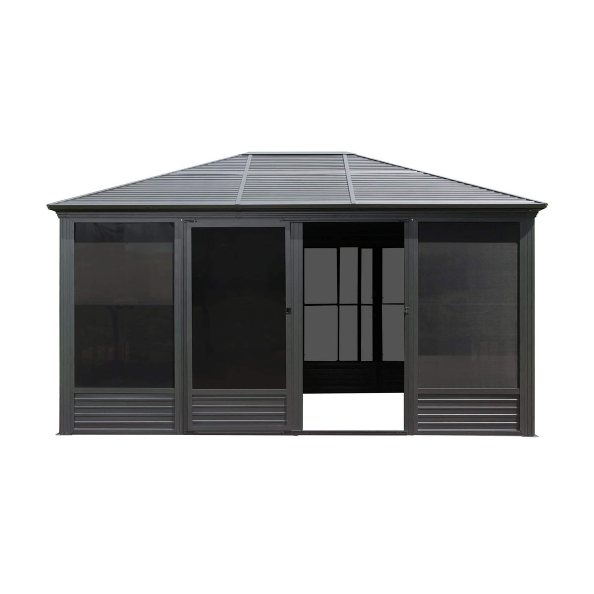 [11X14FT] Meridian Premium Four Season Outdoor Aluminum Hardtop Gazebo Sunroom With Galvanized Steel Roof, Sliding Doors And Movable PVC Screen Walls (SAK88776)