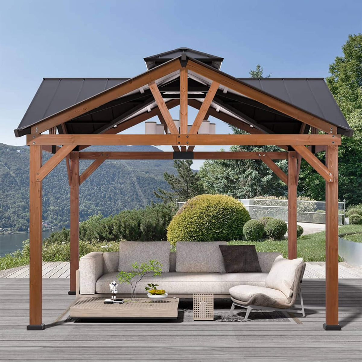 [12X12FT] Premium Outdoor Cedar Wood Hardtop Gazebo With Galvanized Steel Roof (SAK31864)