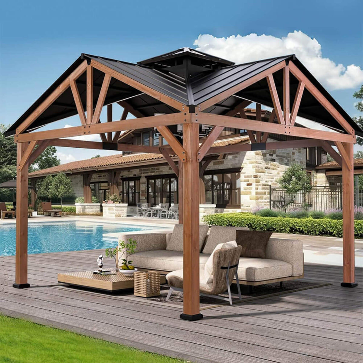 [12X12FT] Premium Outdoor Cedar Wood Hardtop Gazebo With Galvanized Steel Roof (SAK31864)