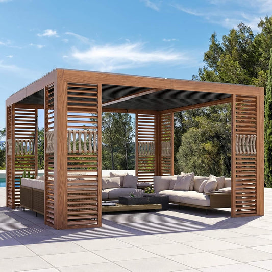 [12X12FT] Premium Outdoor Wood Grain Louvered Pergola With Integrated Drainage (SAK74256)