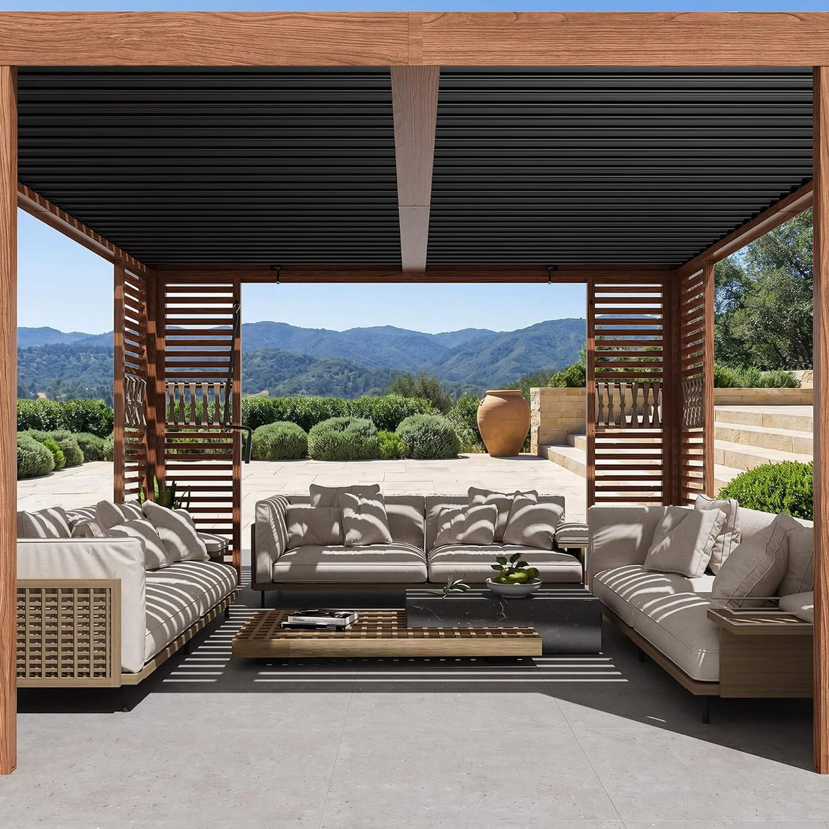 [12X12FT] Premium Outdoor Wood Grain Louvered Pergola With Integrated Drainage (SAK74256)