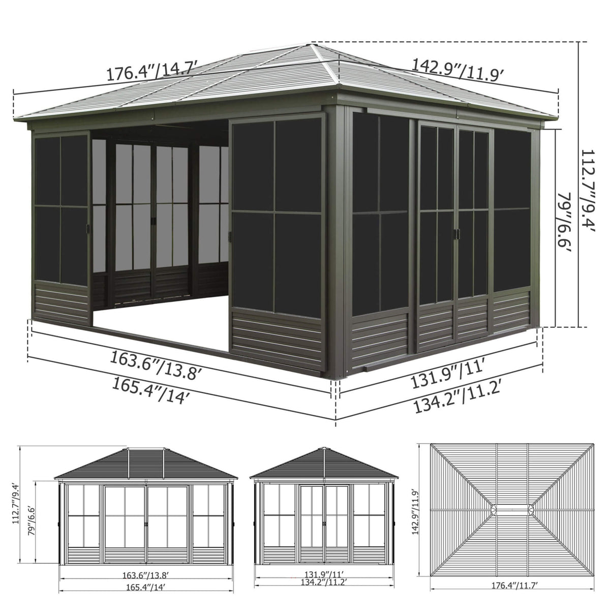 [12X14FT] Serenity Premium All-Weather Outdoor Aluminum Sunroom With Galvanized Steel Hardtop Sloping Roof, Lockable Doors, And Moveable PC Screens (SAK76831)