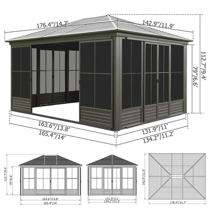 [12X14FT] Serenity Premium All-Weather Outdoor Aluminum Sunroom With Galvanized Steel Hardtop Sloping Roof, Lockable Doors, And Moveable PC Screens (SAK76831)