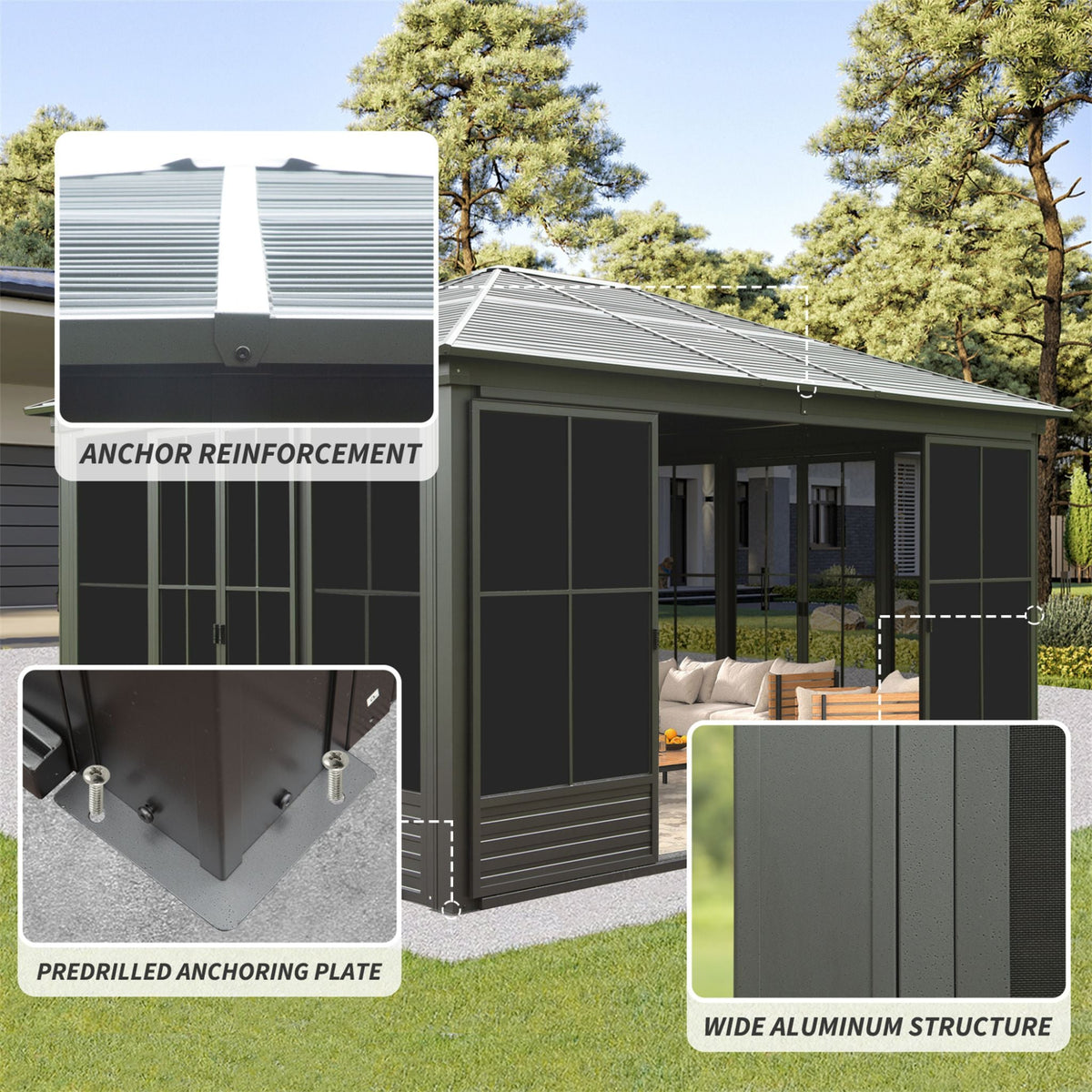 [12X14FT] Serenity Premium All-Weather Outdoor Aluminum Sunroom With Galvanized Steel Hardtop Sloping Roof, Lockable Doors, And Moveable PC Screens (SAK76831)