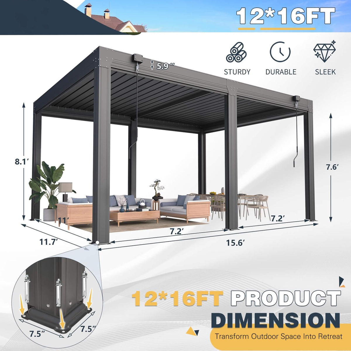 Louvered Aluminum Pergola With Adjustable Roof And Pull-Down Screens (SAK46817)