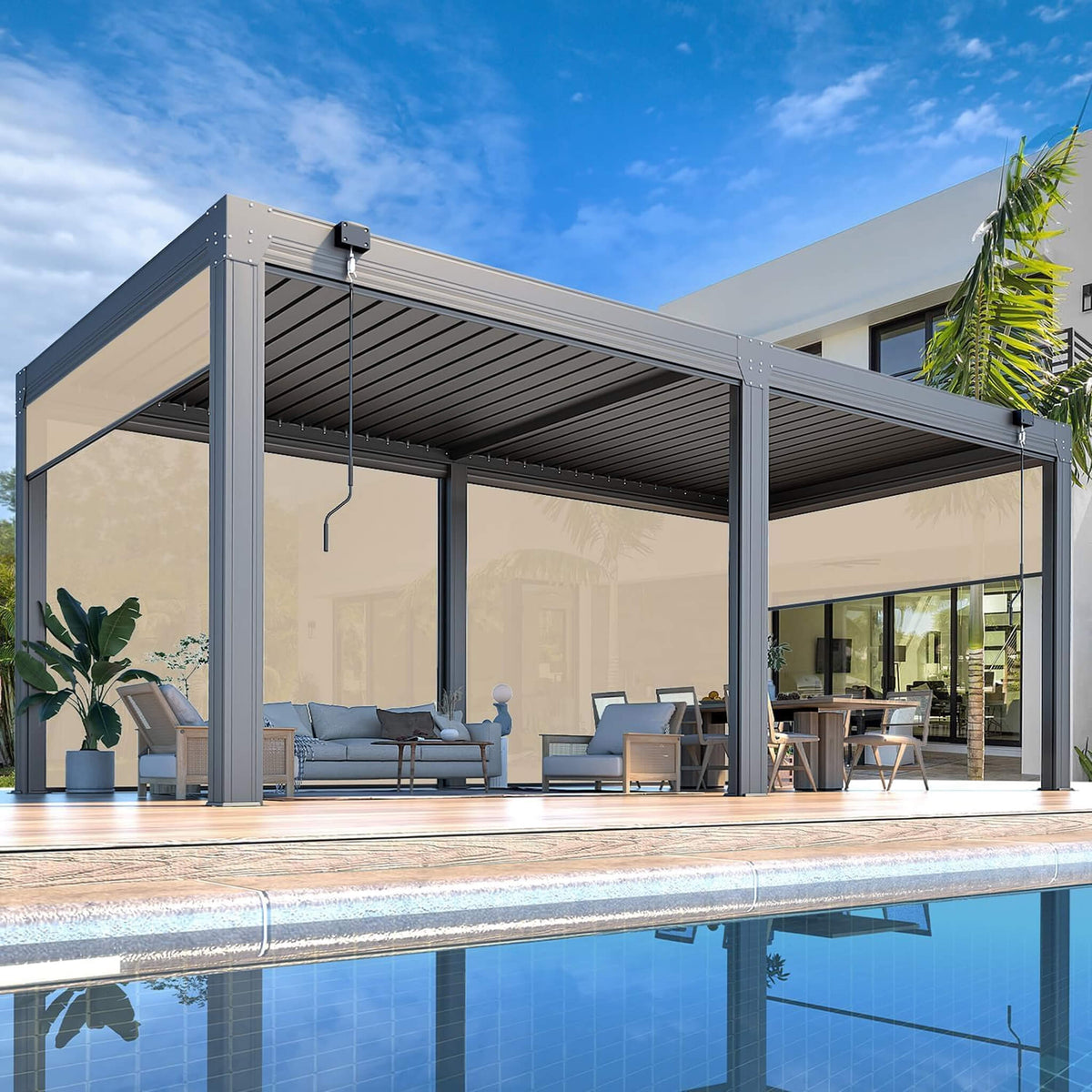 Louvered Aluminum Pergola With Adjustable Roof And Pull-Down Screens (SAK46817)