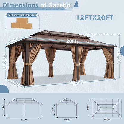 [12X20FT] Premium Aluminum Outdoor Polycarbonate Hardtop Gazebo With Netting & Curtains (SAK36580)