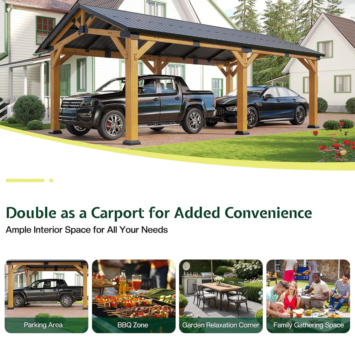 [12X24FT] Premium Galvanized Steel Roof Cedar Wood Hardtop Gazebo (SAK14632)