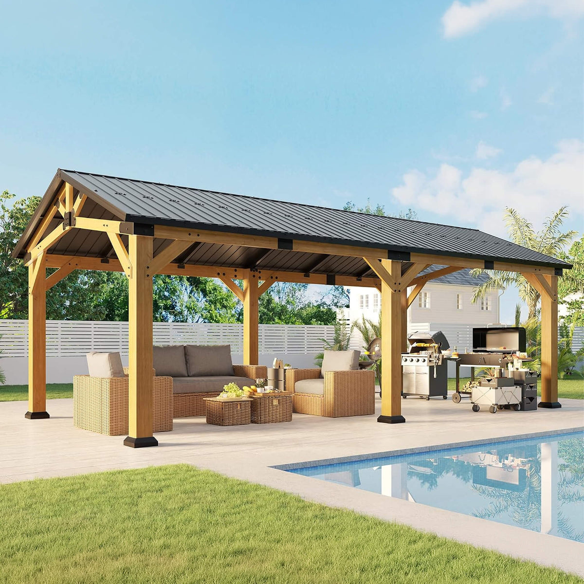 [12X24FT] Premium Galvanized Steel Roof Cedar Wood Hardtop Gazebo (SAK14632)