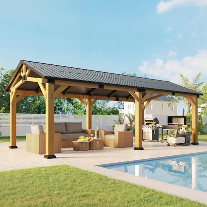 [12X24FT] Premium Galvanized Steel Roof Cedar Wood Hardtop Gazebo (SAK14632)