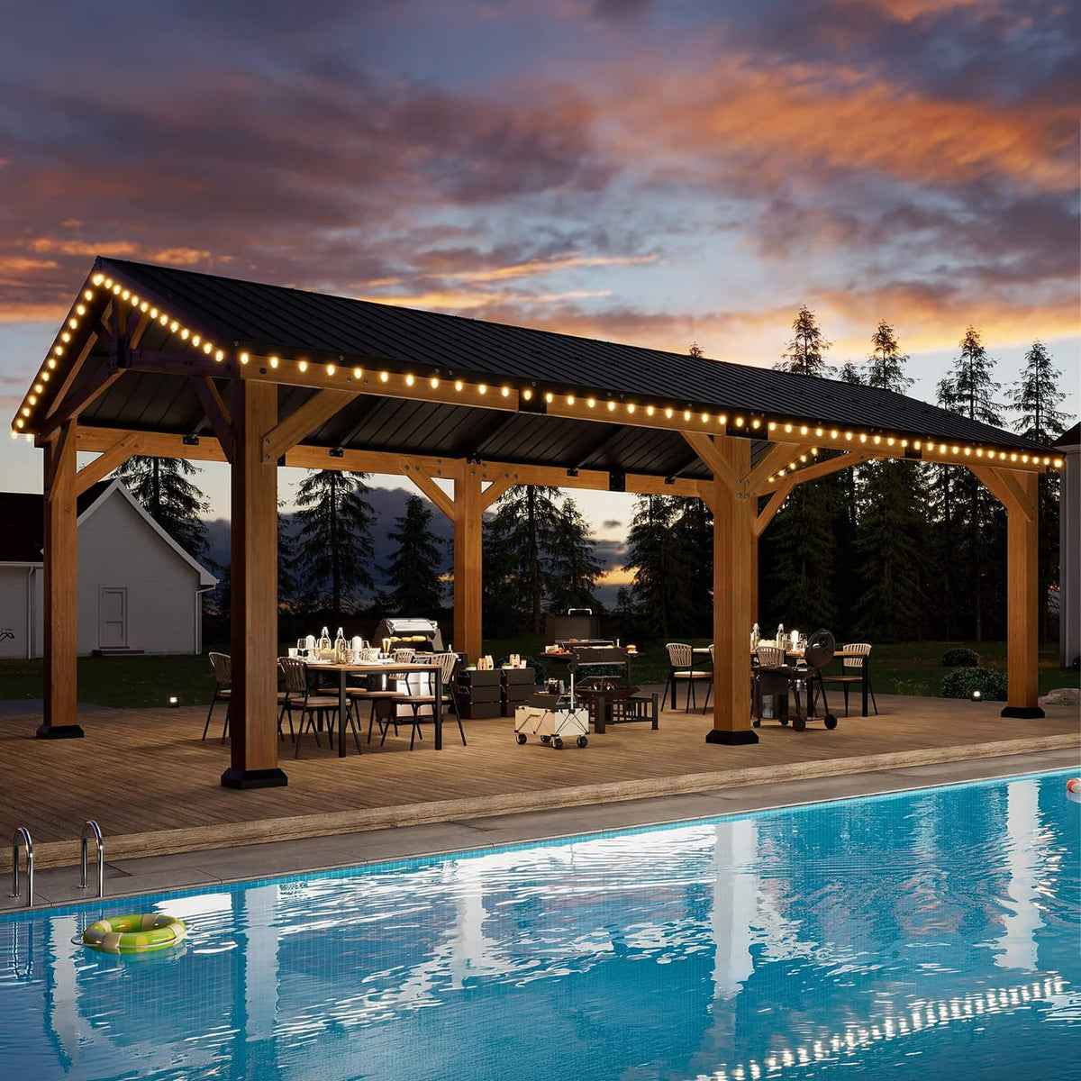 [12X24FT] Premium Galvanized Steel Roof Cedar Wood Hardtop Gazebo (SAK14632)