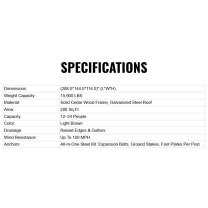 [12X24FT] Premium Galvanized Steel Roof Cedar Wood Hardtop Gazebo (SAK14632)
