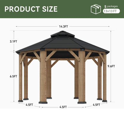 [13X13FT] Cedar Wood Galvanized Steel Octagonal Hardtop Double Roof Gazebo (SAK17468)