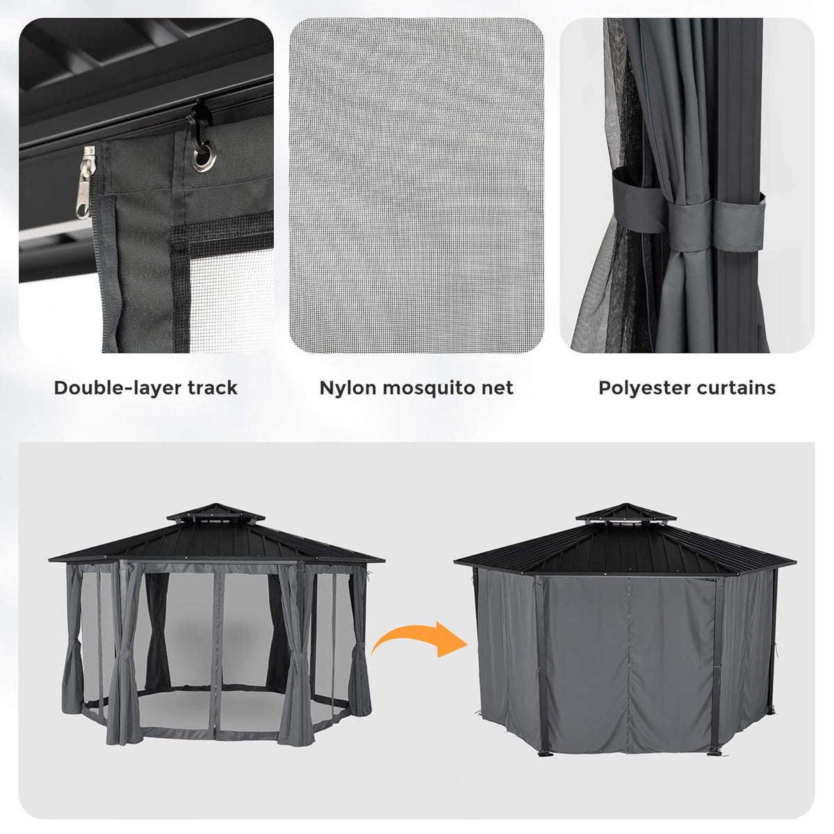 [13X15FT] Hardtop Hexagonal Gazebo With Curtains And Netting [No Furniture] (SAK60713)