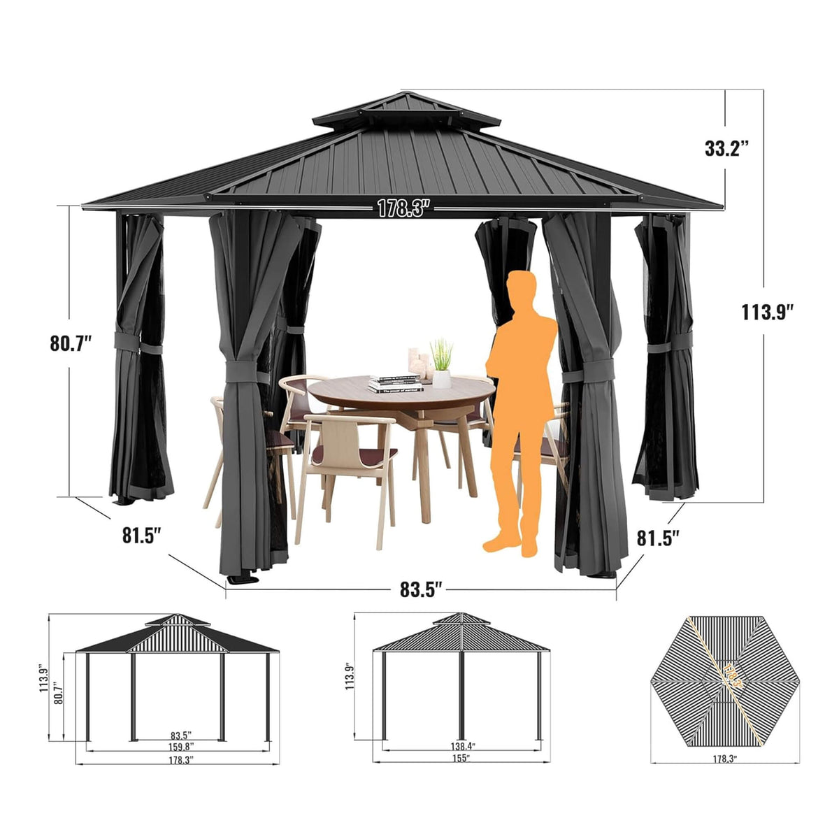 [13X15FT] Hardtop Hexagonal Gazebo With Curtains And Netting [No Furniture] (SAK60713)