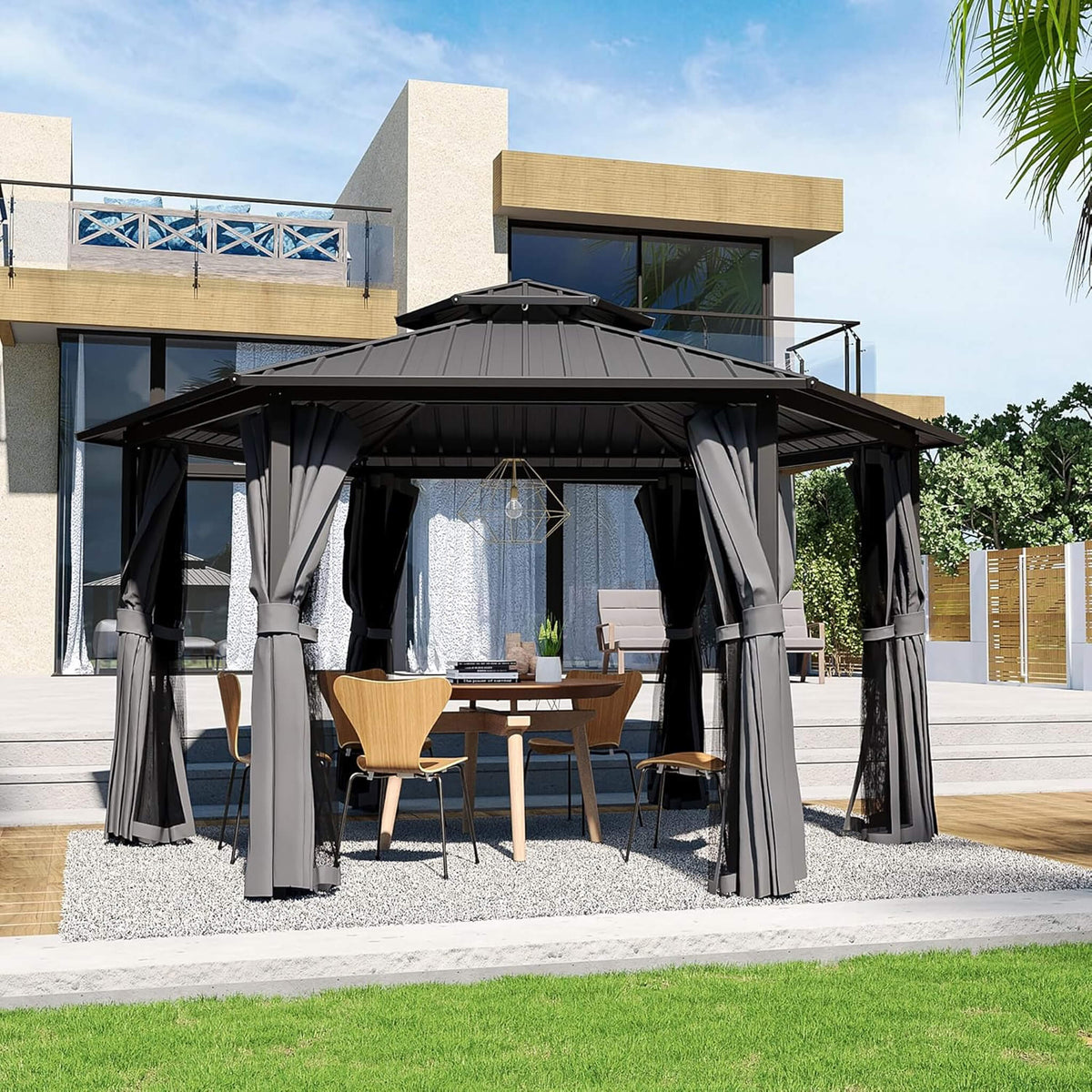 [13X15FT] Hardtop Hexagonal Gazebo With Curtains And Netting [No Furniture] (SAK60713)
